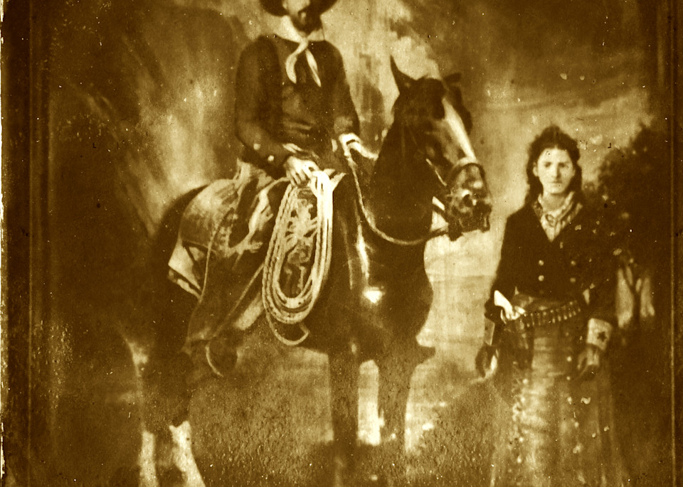 Another in a series of altered images of oil paintings based on vintage cowboy photos. This cowboy and his wife stand for a formal portrait from a by-gone era.