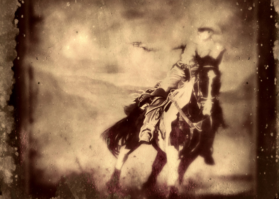 TheTintype Shooter, a vintage-look dramatic and nostalgic old west action painting of a cowboy on his horse shooting his pistol in a puff of smoke.