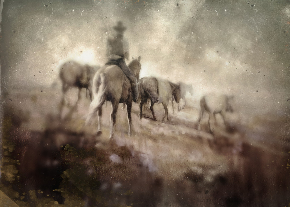 Vintage and nostalgic tintype cowboy on a trail ride, made from an oil painting based on antique old west photos.