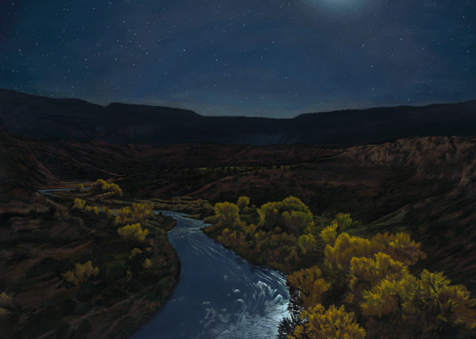 nocturne, moonrise, nightscape, landscape painting, chama river, new mexico, contemporary realism, oil painting