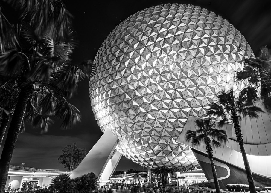 Spaceship Earth at Night Black and White - Disney Black and White Images