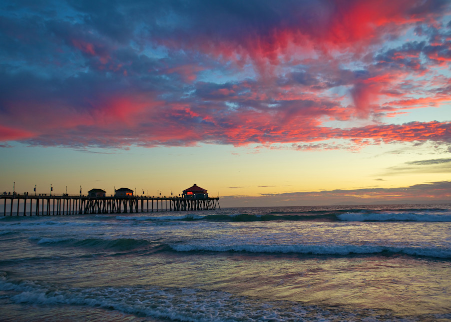 Huntington Beach Pier with Red Sky.