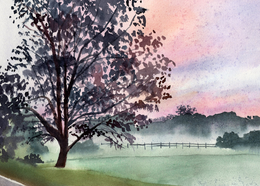 Foggy Autumn Sunrise Watercolor Print