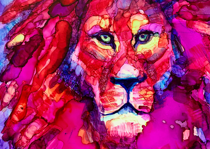 "Ready to Roar 11" lion painting by Monique Sarkessian, alcohol ink on panel, 7x5