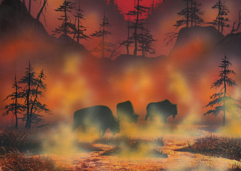 Honeymoon in Yellowstone, a buffalo and Yellowstone Park art print by Montana artist, Joe Ziolkowski.