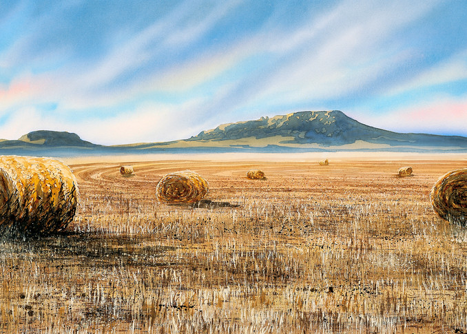 Sweet Rolls a watercolor print of Square Butt and hay bales in Central Montana by artist Joe Ziolkowski.