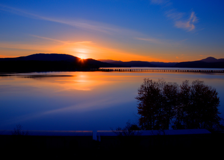 Lake Pend Oreille, 7B Photography, Long Bridge Train Sunset, As Orange Turns to Blue, Idaho Sunset 
