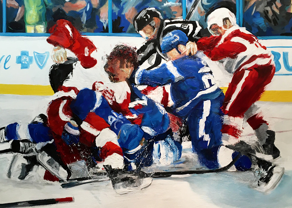 A Little Scrap - Wings Bolts Hockey Art Painting by Michael Serafino Available - Prints on Paper, Metal, Canvas and Acrylic - Wet Paint NYC Gallery