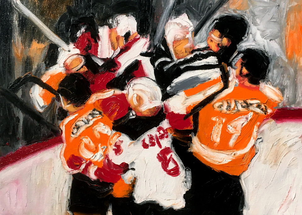 A Little Scrap (Flyers) - Original Hockey Painting Available for Purchase as Fine Art Prints - Artist Michael Serafino - Wet Paint NYC Gallery