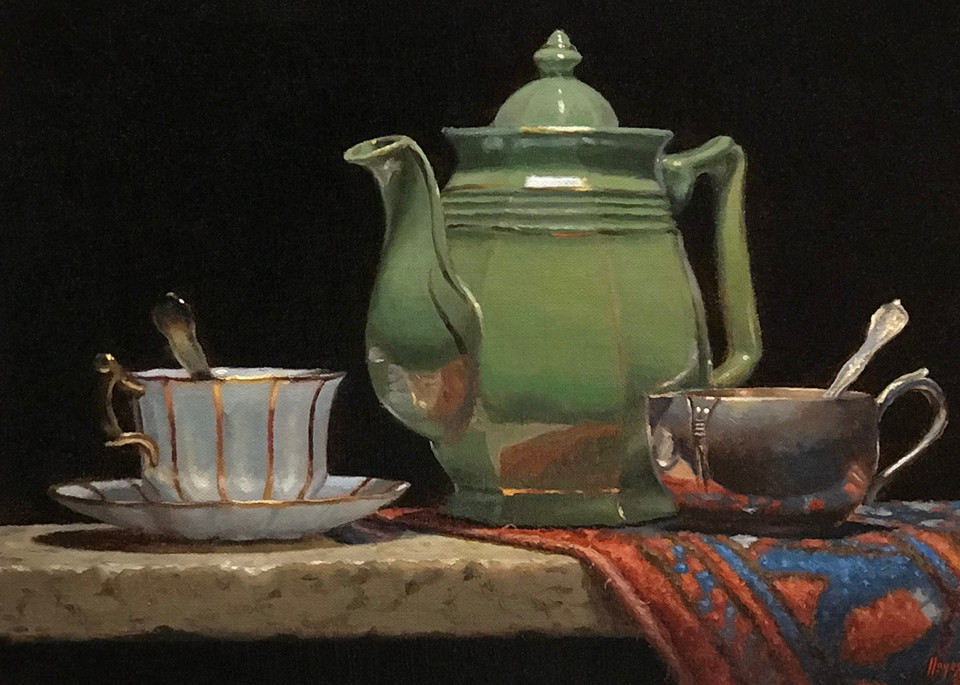 Green Teapot With Oriental Rug Art | Jeff Hayes Fine Arts