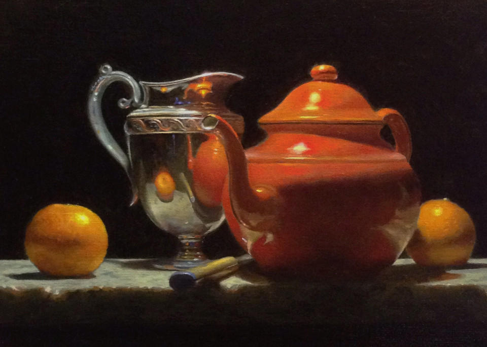 Oranges, Silver, And Red Teapot Art | Jeff Hayes Fine Arts