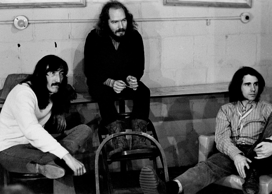 Fall River, Massachusetts - 18 February 1968. (Left to right) Jimmy Carl Black, Ray Collins, and Ian Underwood of the Mothers of Invention backstage prior to a performance.