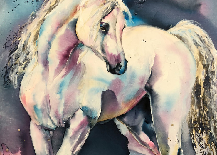 White Stallion Watercolor Spalsh Blue Art | Christy! Studios