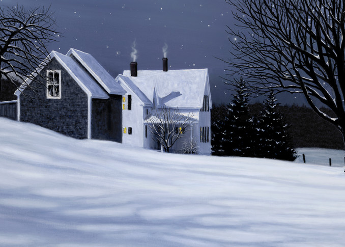 landscape, trees, barn, snow, snowfall, moonlight, evening, winter