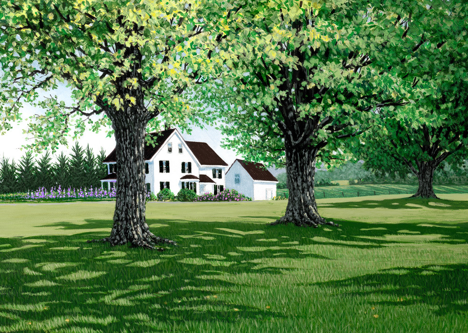 green, lawn, oil painting, house, landscape, trees, giclee