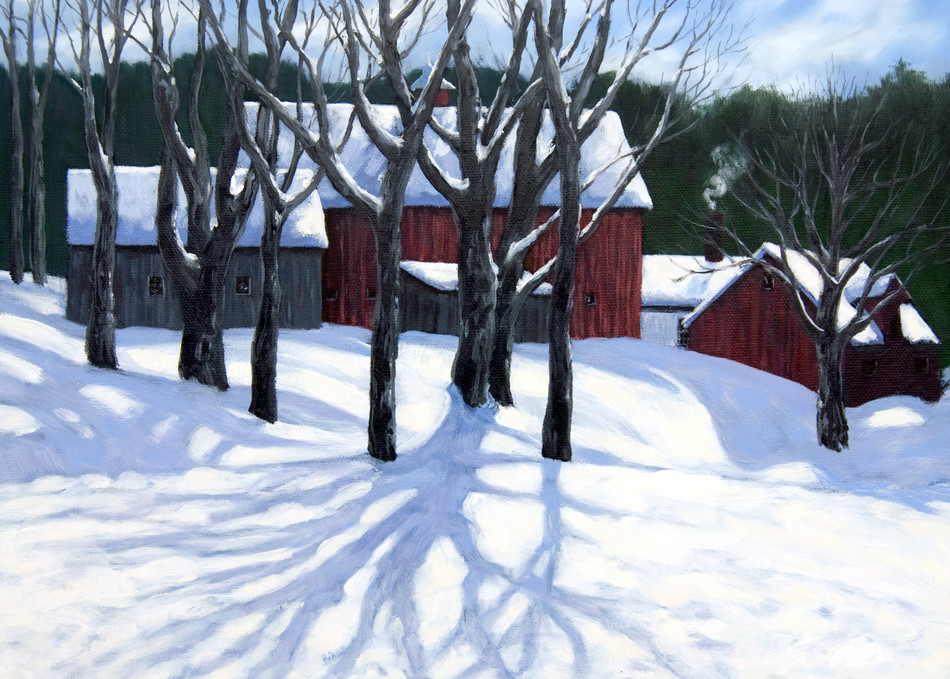 trees, red barn, snow, winter