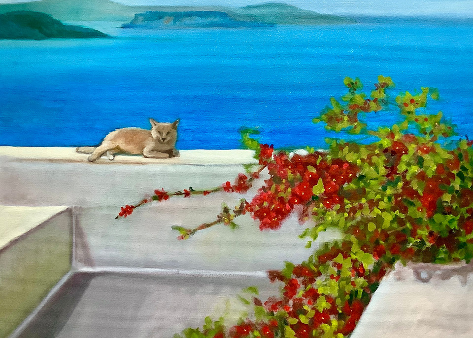 Cat on a wall by the Aegean Sea by Contemporary Artist Hilary J England