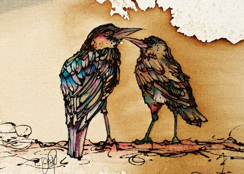 Grackle Bird Love Coffee and Watercolor Art