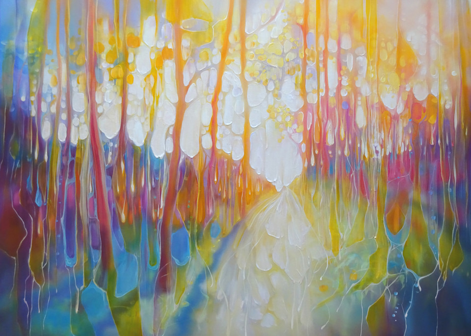 rainbow-coloured woodland path with a small deer watching from the trees. The style is semi abstract, 
