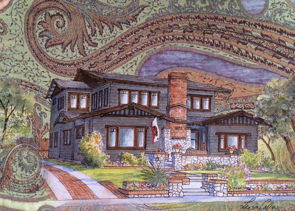 Craftsman Home On Handwoven Backdrop Collage Art | Leisa Collins Art