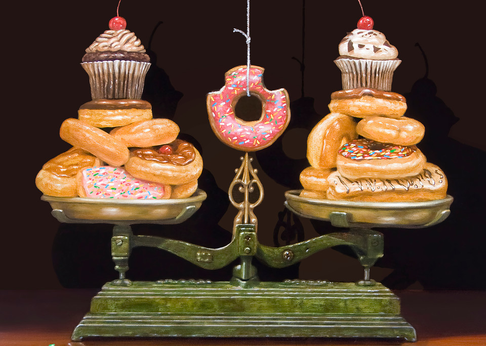 Balanced Diet | Donuts | scale | humorous kitchen print | Richard Hall
