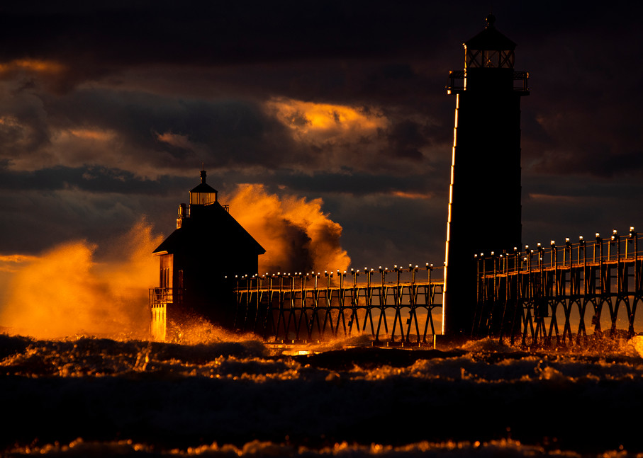 michigan storm waves lighthouse sunset