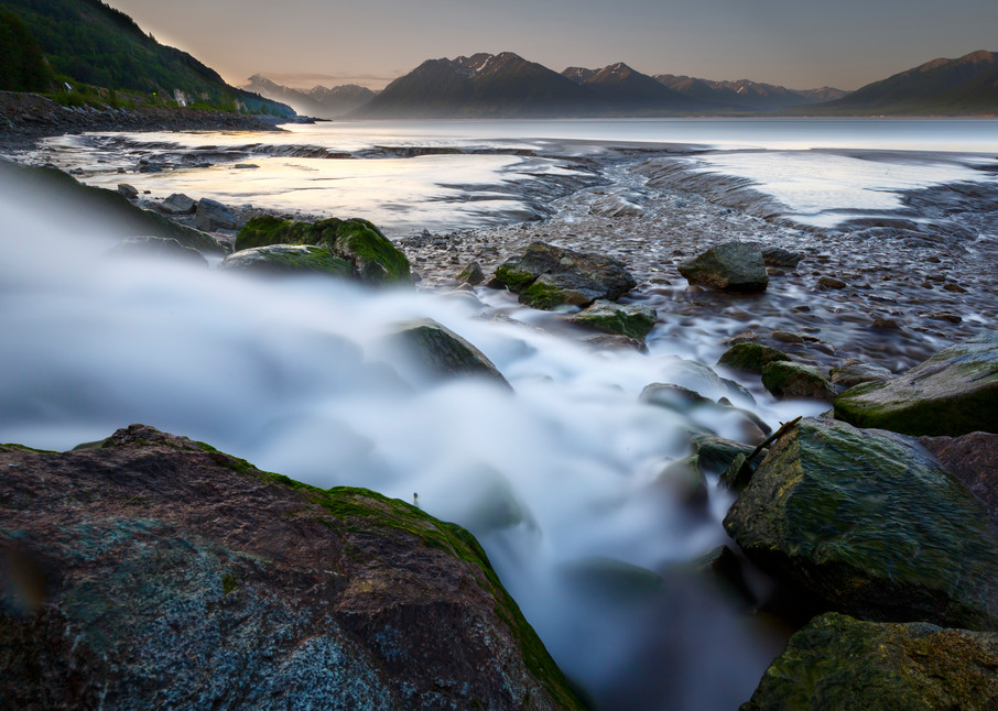 Summer landscape of Rainbow Creek emptying into Turnagain Arm at low tide with Kenai Mountains in background.   June 2015

(C) Jeff Schultz/ Schultzphoto.com