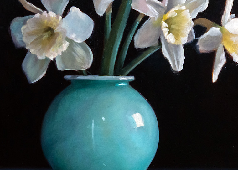 Daffodils In Turquoise Vase Art | Romanova Art