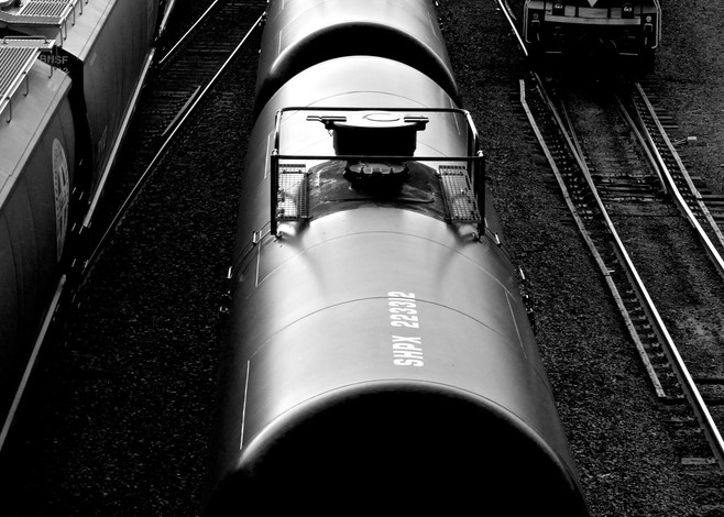 Black and white photo prints: Train Cars in Rail Yard/Jim Grossman Photos
