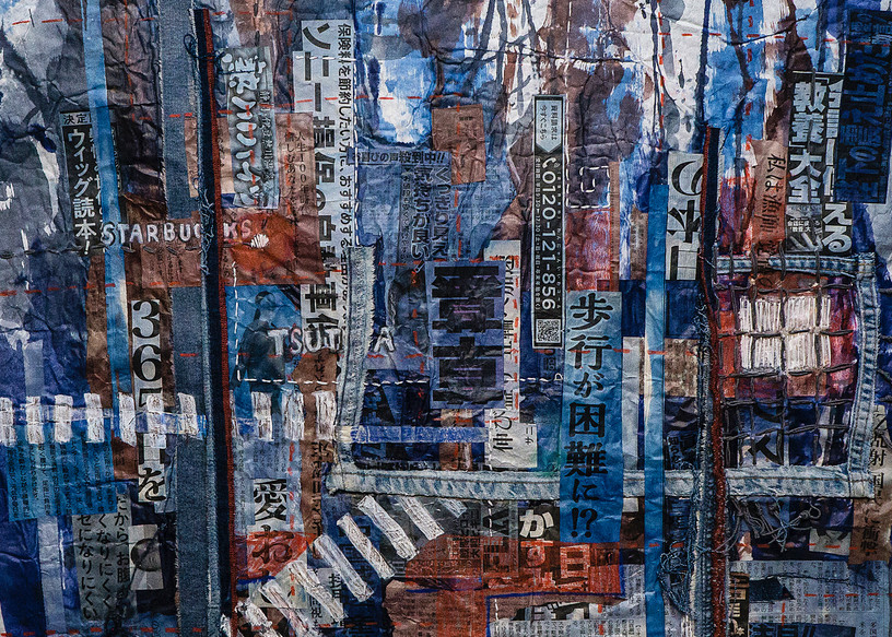 Shibuya Crossing” by Muffy Clark Gill is from a series of mixed media artwork. A 2019 indigo and Shibori workshop trip to Japan provided the subject matter. Chaos, clutter, and color were feelings evoked while viewing the scenes in transit at Shibuy