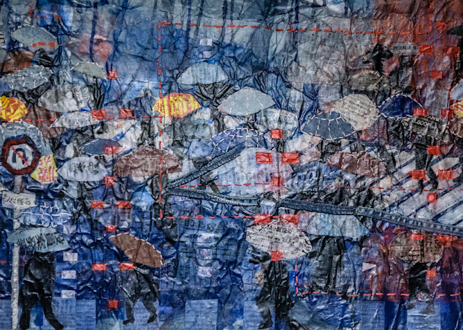 Shibuya Rain” by Muffy Clark Gill is from a series of mixed media artwork.  Chaos, clutter, and color were feelings evoked while viewing the scenes in transit at Shibuya Crossing Viewing the original scene from a train station during a rain storm, I