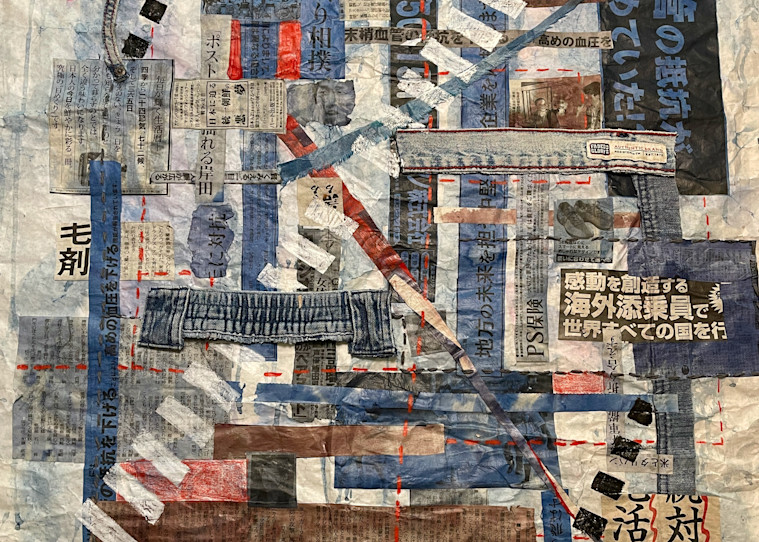 "Hands Down" by Muffy Clark Gill consists of layered collages bustling with frenetic energy in a distinctive architectural or urban setting. Geometric references to Asian culture and color choices expose societal tropes. Japanese newspaper ads provi