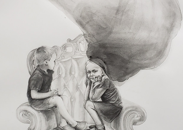 graphite drawing of kids on chair Mays Mayhew together