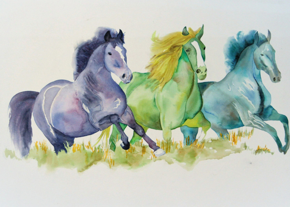Watercolor painting of Three Wild Horses