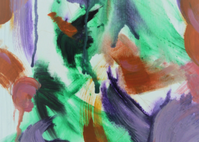 Acrylic abstract painting in purple, green, and orange