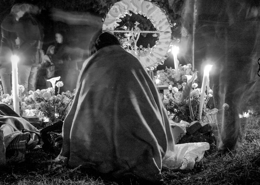 Day of the Dead Vigil Mexico cemetary night black & white Día de Muertos or Día de los Muertos
