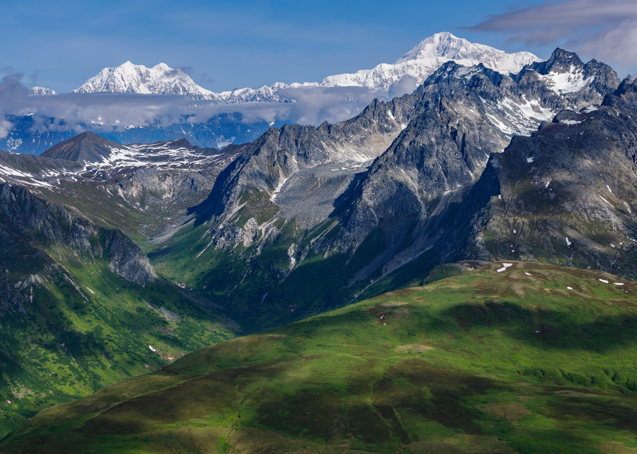 Summer landscape aerial photo of green Takosha Mountains with Denali and Alaska range in the background in Denali National Park, Alaska

Photo by Jeff Schultz/  (C) 2021  ALL RIGHTS RESERVED