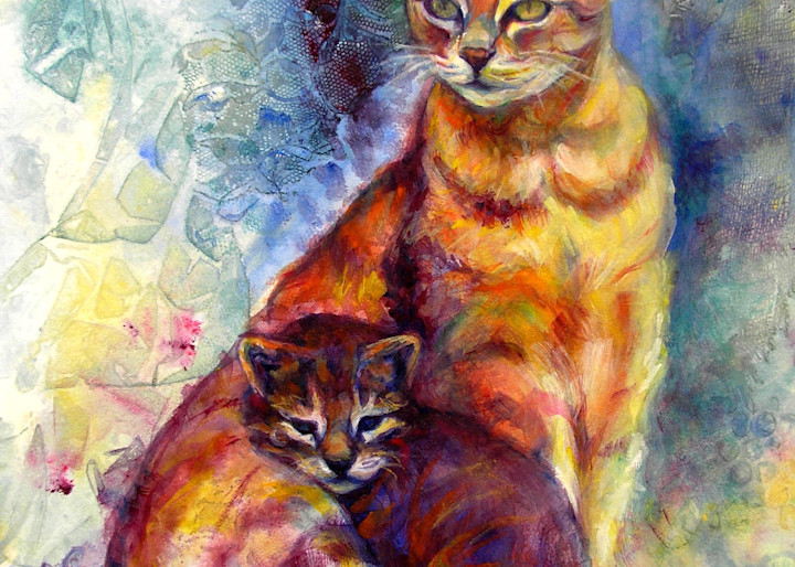 Emma and Molly are Mom and baby kitten fostered by a friend. Sweet and loving little family of cats in soft watercolors.
