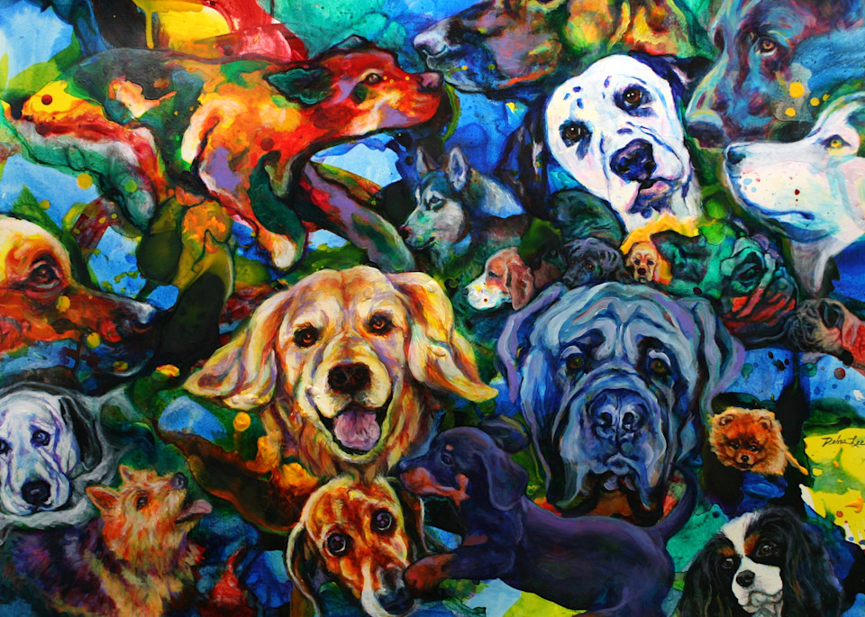 Dog faces hidden among an abstract painting of bright, primary colors. 