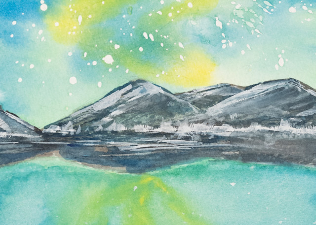 ASquareWatermelon - Art, watercolor Northern Lights Lake