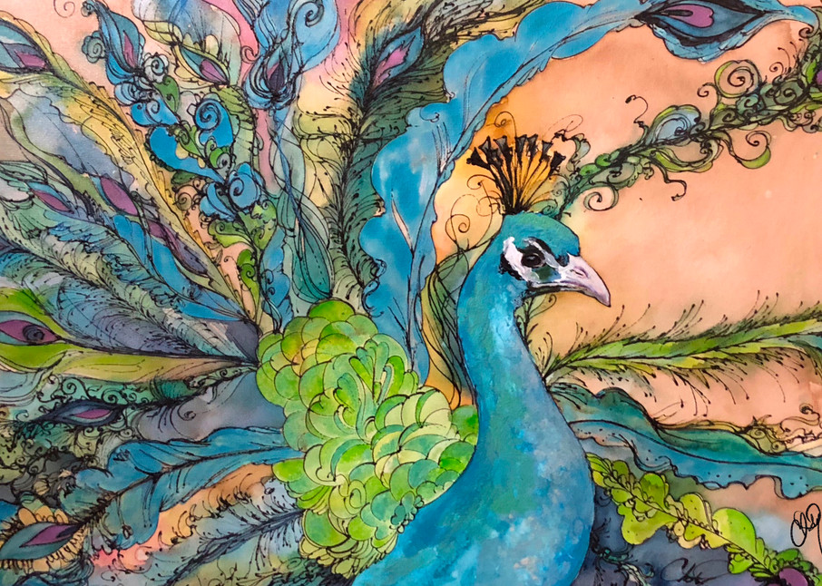 Cyan Blue Peacock mixed media original artwork