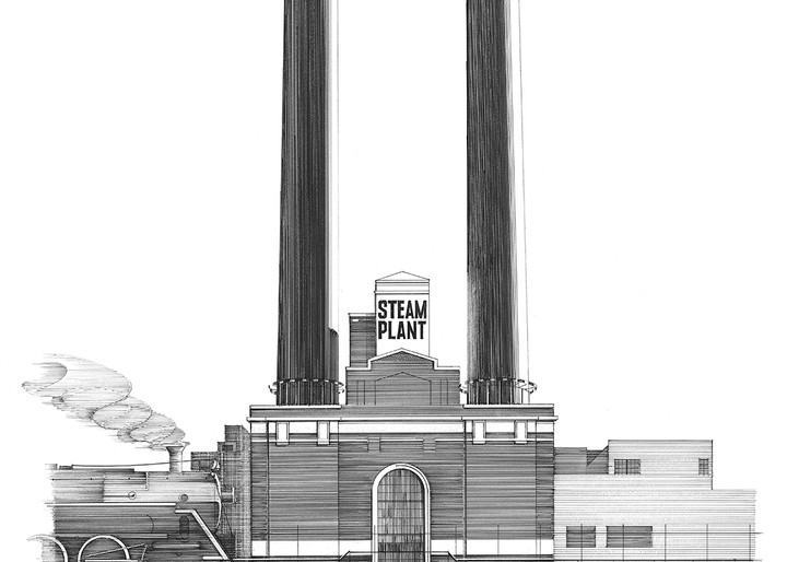 Steam Plant Building With Footer Art | Pen and Ink Art, LLC