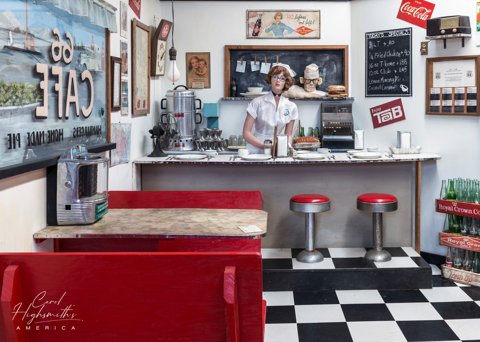 A depiction of an old roadside diner, part of an unusual dual-themed museum in the little town of McLean in the Texas Panhandle.  Most of the space is occupied by the "Devil's Rope Museum," a collection and explanation of the history of barbed wire,