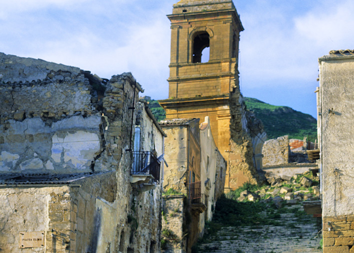 Ancient ruins of chruch in Poggioreale in Sicily, Italy that was destroyed in earthquake in the late 1960s. Sicily (Italian: Sicilia [siˈtʃiːlja]) is the largest island in the Mediterranean Sea; along with surrounding minor islands, it constitutes a
