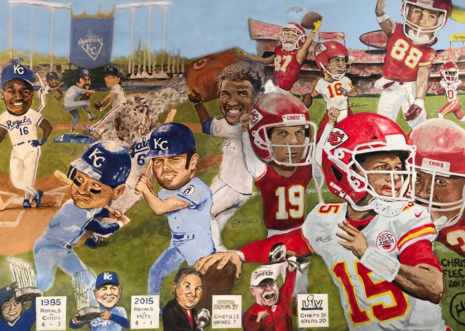 Kc Royals & Chiefs Mancave Mural W Player Signatures Art | ChrisFleckArt.com