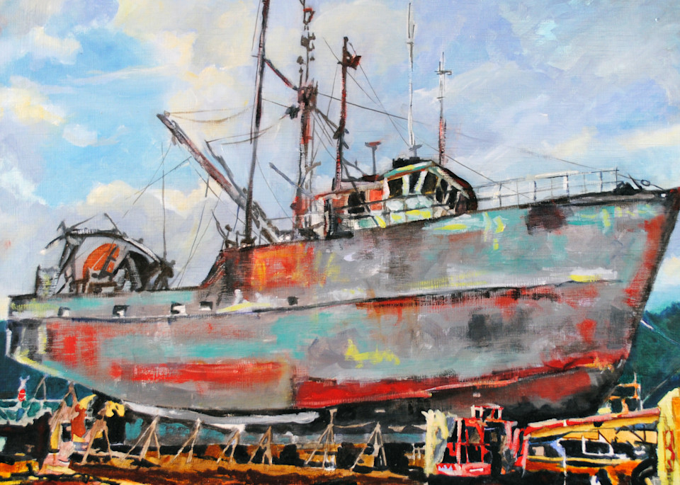Portland, Maine, shipyard, painting, boat, ship, fishing boat, nautical, 