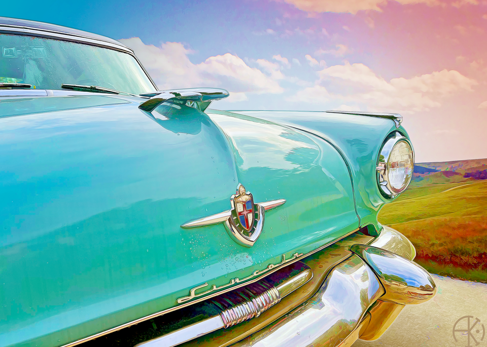Drying for a Ride in the Sun - fine art print by Anthony Kashinn of a freshly washed vintage teal 1952 Lincoln