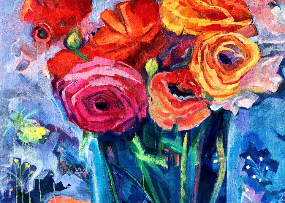 Art Print available of Monique Sarkessian's oil painting, "Large Ranunculus Still Life" with orange, pink and red flowers.