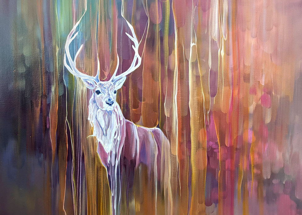 semi-abstract contemporary oil painting in vibrant rainbow colours of a red deer stag