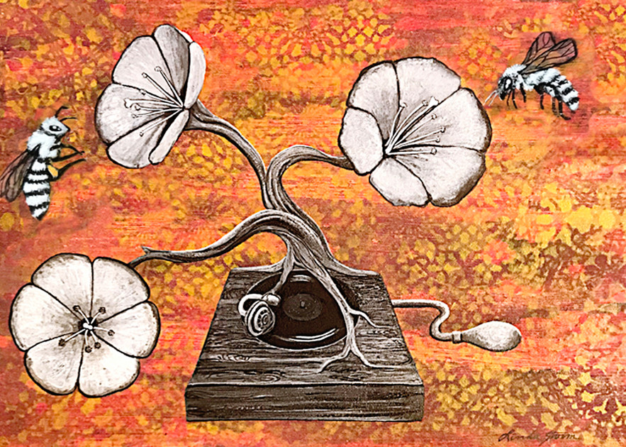 Linda Storm Art | Victrola Flowers and Bees | Prints